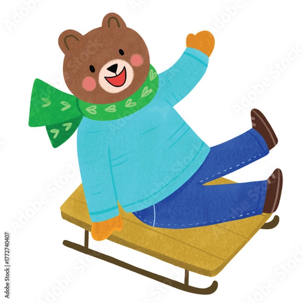 Obraz Illustration of Bear Sledding Downhill.