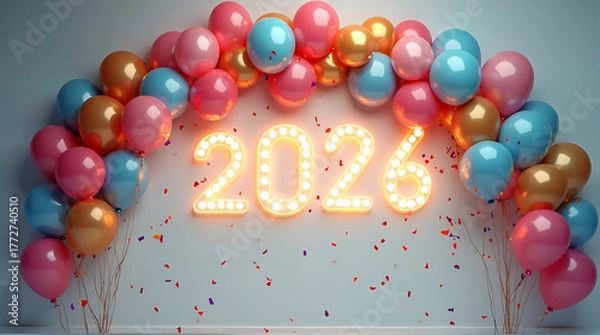Fototapeta Festive arch of colorful balloons framing illuminated "2026" sign, celebrating a future year.