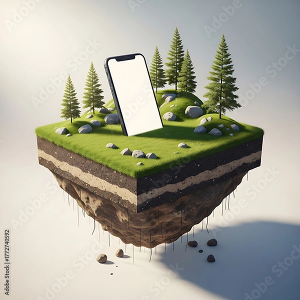Fototapeta Mobile phone on a floating island, showing digital integration with nature