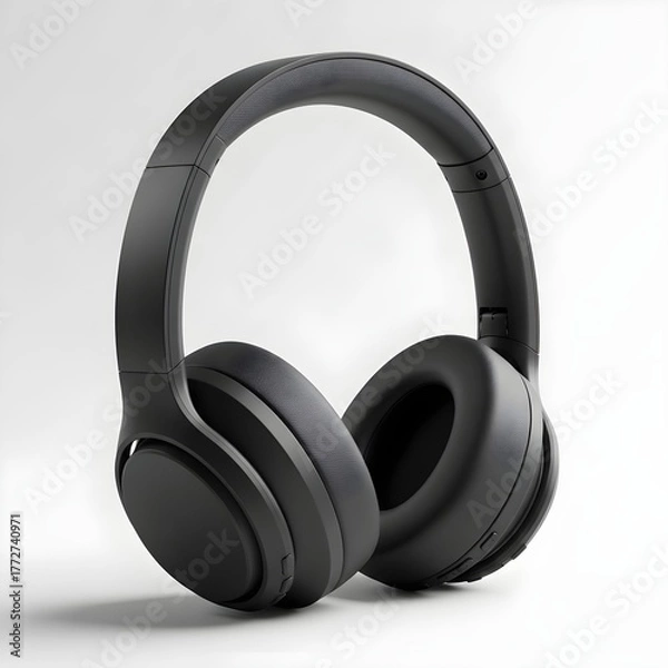 Fototapeta Sleek black over ear headphones on a pristine white background.