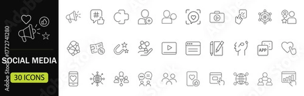 Fototapeta Social Media Web line Icon Set. Social network linear icons including like, share, blog, comment, media, website, content, business marketing for communication and UI design. Vector illustration.
