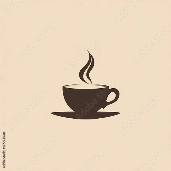 Fototapeta Coffee cup with steam on a saucer in minimalist style  