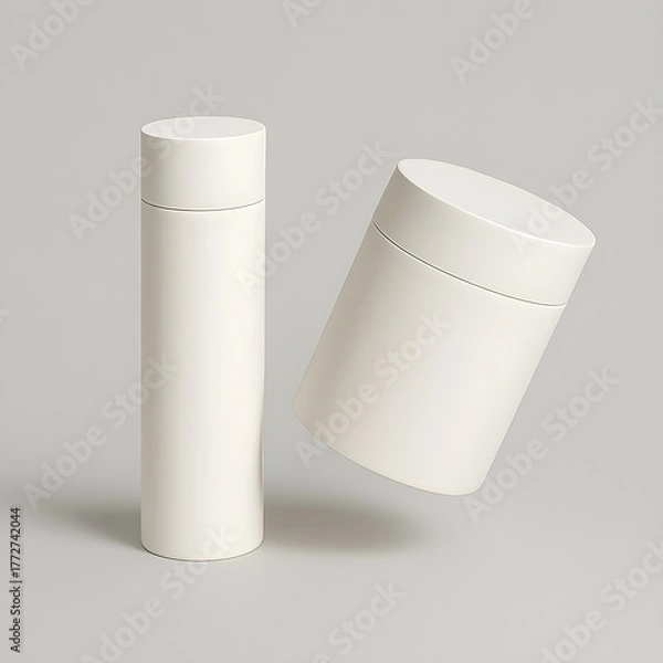 Obraz Sleek white cylindrical containers, blank for product branding mockup.