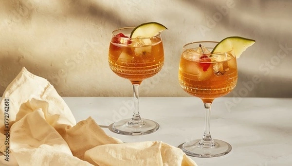 Fototapeta Bourbon pear cider cocktails served in glasses, ideal for editorial backgrounds