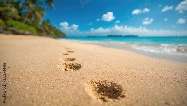 Obraz Footprints left in sand on a beach, seasonal change, summer