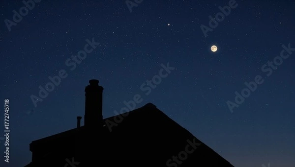 Fototapeta Nighttime silhouette of a rooftop featuring a chimney and a glowing attic window beneath a starry sky with the moon
