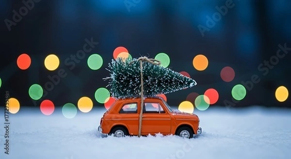 Fototapeta Orange toy car with Christmas tree on roof in snow bokeh lights image