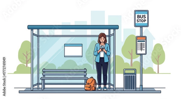 Fototapeta Young woman with smartphone standing at bus stop in the city surrounded by buildings and trees. Concept for urban mobility, public transportation and modern lifestyle