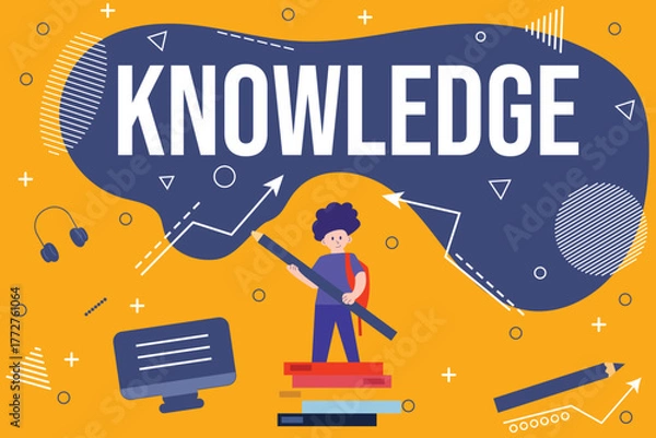 Fototapeta Modern flat vector illustration about knowledge and education.Creative learning concept with student,books,and technology on colorful background.