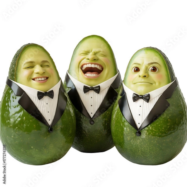 Obraz Three cheerful anthropomorphic avocados wearing formal black tuxedos and bow ties, presenting humorous expressions isolated on transparent background