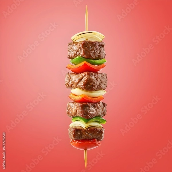 Fototapeta Tempting beef kebab skewer with vibrant vegetables