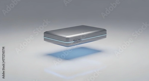 Fototapeta Sleek Silver Box Hovering with Subtle Blue Glow Modern Technology Container Product Shot Minimalist Aesthetic Presentation Gray Backdrop