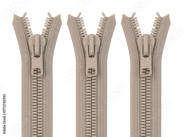 Obraz Three vertical beige synthetic zippers partially open, showcasing common clothing and textile fasteners isolated on transparent background