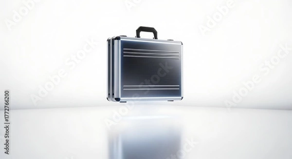 Fototapeta Modern Silver Briefcase Illuminated on Reflective White Surface Background