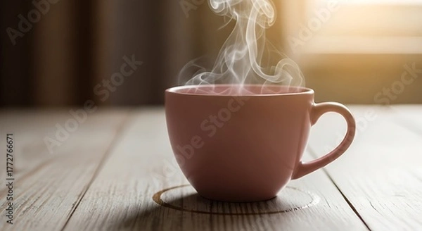 Fototapeta Warm Coffee Cup on Wooden Table with Delicate Steam: Simple Morning Indulgence
