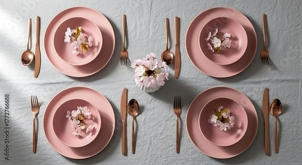 Fototapeta Elegant Table Setting in Pastel Pink: Stylish Dinnerware and Flatware Arrangement