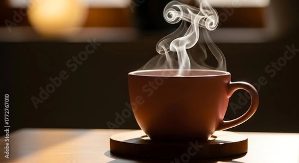 Fototapeta Steaming Coffee Cup on Wooden Table: Warm Drink with Gentle Light and Relaxing Aroma