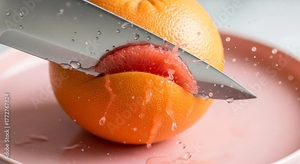 Fototapeta Cutting Grapefruit on Pink Plate with Sharp Knife, Fresh Citrus Fruit Preparation, Slicing Fruit, Water Droplets, Modern Food Still Life