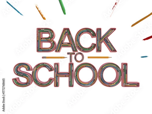 Obraz Volumetric Back to School text effect composed of stacked multicolored pencils and stationery isolated on transparent background