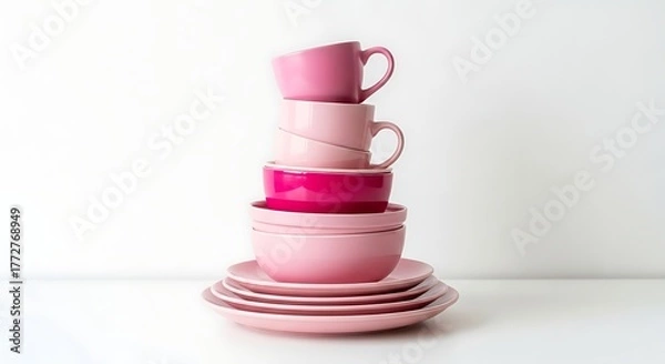 Fototapeta Stacked Pink Tableware Still Life on White Backdrop, Plates Bowls Cups Arrangement, Kitchenware Composition, Clean Minimalist Photography