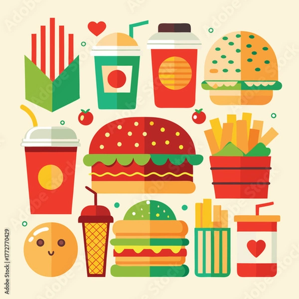 Fototapeta An illustration of various burger and fast-food items