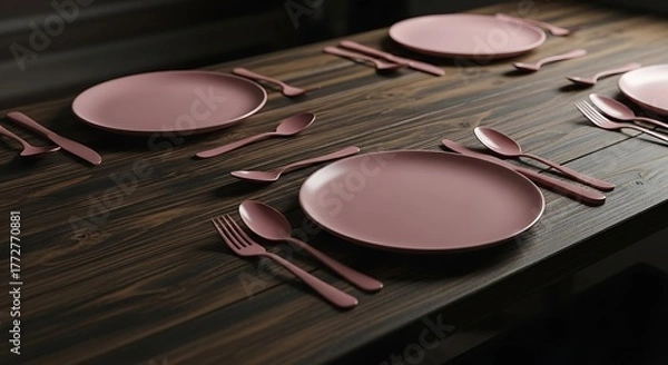Fototapeta Rose Gold Dining Elegance: Formal Table Setting with Chic Dinnerware on Wood