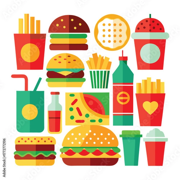 Fototapeta An illustration of various burger and fast-food items