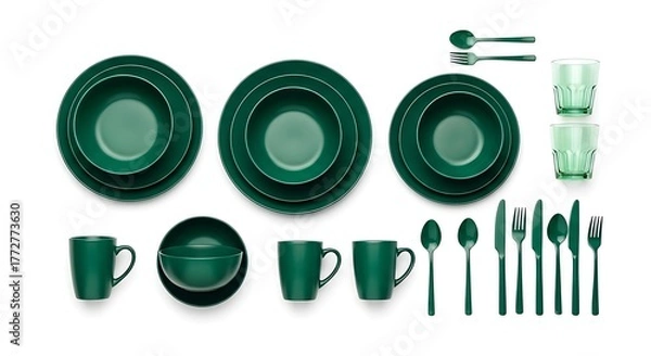 Fototapeta Minimalist Green Dinnerware Set: Modern Tableware Collection with Plates, Bowls, Mugs and Cutlery
