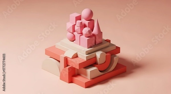 Fototapeta Abstract Geometric Composition with Cubes and Spheres Minimalist Design Pastel Color Palette 3D Rendered Pile of Shapes