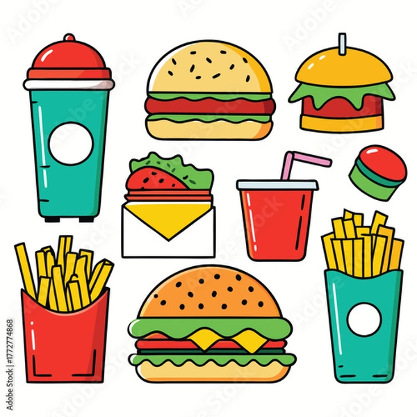 Fototapeta An illustration of various burger and fast-food items