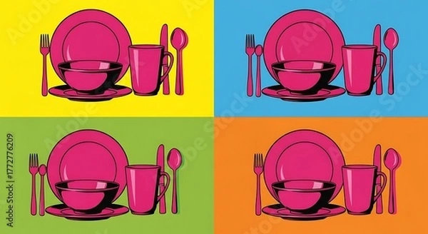 Fototapeta Vibrant Pop Art Dinnerware:  Bold Pink Plates and Bowl With Utensils Set Against Retro Color Grid, Modern Kitchen Aesthetic