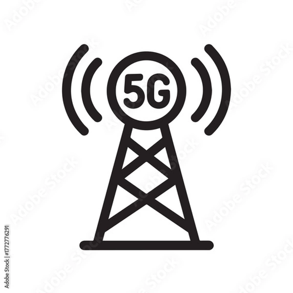 Fototapeta 5G Antenna Tower Icon, Solid Line Telecommunication Network Signal Symbol for Mobile Internet Speed.