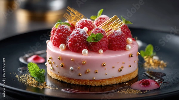 Fototapeta Pink raspberry dessert artfully decorated with fresh raspberries, mint leaves, and golden accents, creating a visually appealing and luxurious culinary experience for fine dining