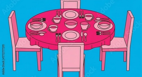Fototapeta Drawn Table Setting Illustration: Pink Tablecloth and Tableware on Blue Background Design