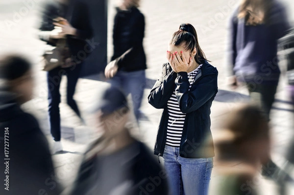 Fototapeta Stress, anxiety, panic attack or fear. Mental health disorder. Depressed woman in public. Crowd of people. Schizophrenia or phobia. Paranoia or Agoraphobia. Introvert person in busy city street.