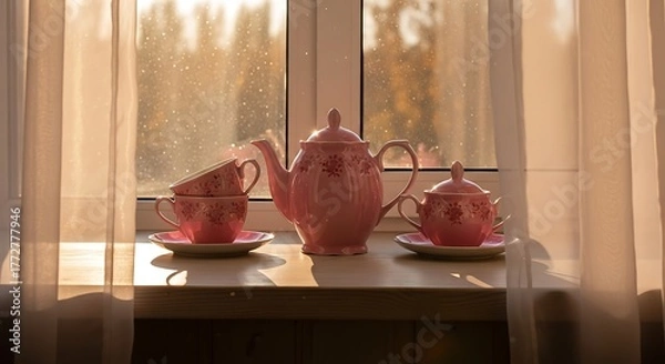 Fototapeta Pink Tea Set on Wooden Table near Window with Afternoon Sunlight Warmly Illuminating Scene