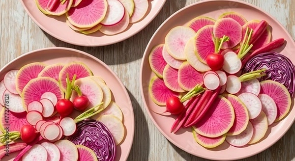 Fototapeta Vibrant Plates of Watermelon Radishes and Purple Cabbage Creating a Visually Appealing Food Composition