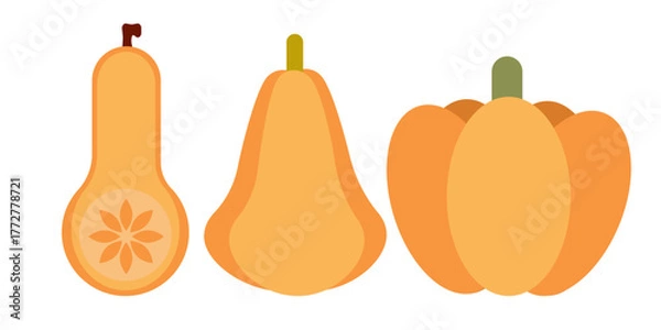 Fototapeta Set of ripe orange pumpkins in various shapes and sizes. Autumn harvest element for design, posters, banners, invitations, and seasonal promotions.
