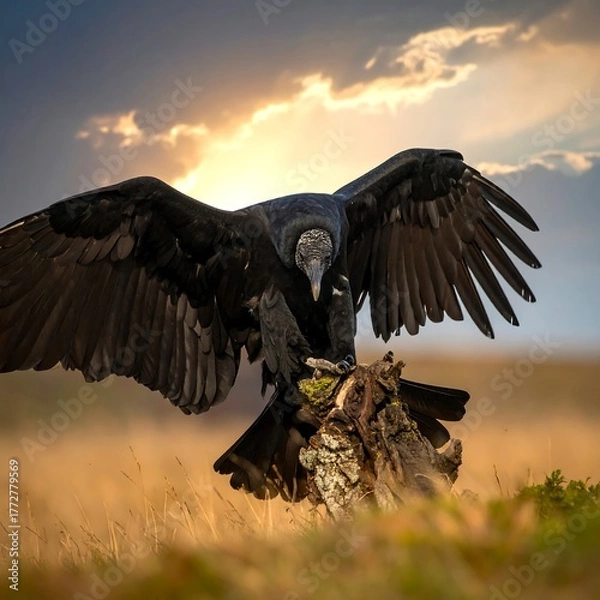 Fototapeta Black Vulture Perched on a Tree Stump with Wings Spread.