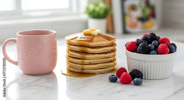 Fototapeta Stack of Pancakes with Butter, Syrup, Berries and Coffee on Marble Table: Pink Mug, Breakfast Treat and Sweet Dessert