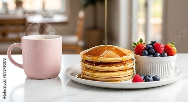Fototapeta Pancakes with Syrup and Berries Served with Coffee, Pink Mug, Delicious Breakfast on Table, Good Morning Treat
