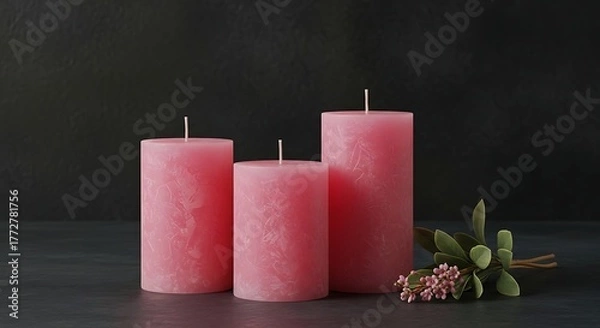 Fototapeta Three Pink Candles with Green Sprigs Against Dark Backdrop