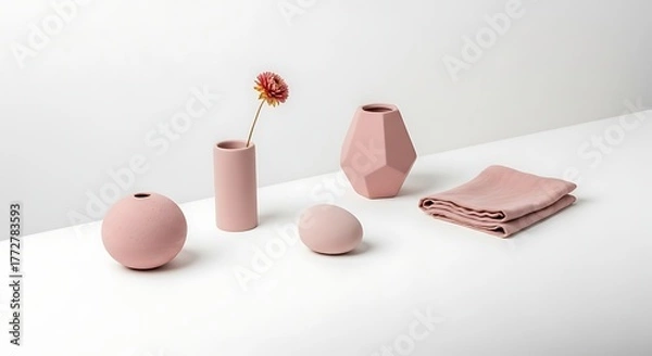 Fototapeta Minimalist Pink Object Arrangement: Geometric Vases, Sphere, Cloth on White