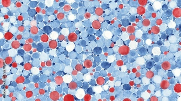 Obraz Abstract Red, White, and Blue Watercolor Polka Dot Pattern Background with Bubbles or Circles