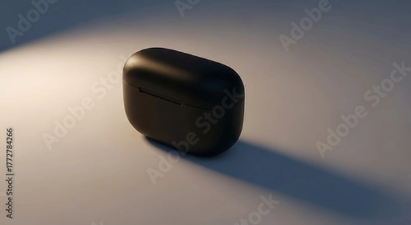 Fototapeta Black Wireless Earbuds Case Minimalist Still Life on White Tabletop with Dark Shadow