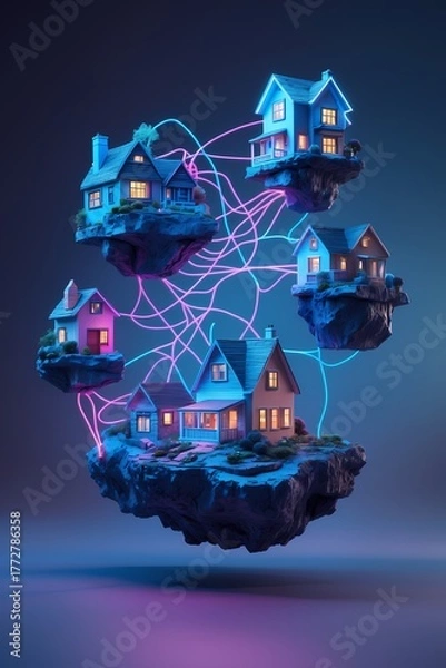 Fototapeta professional photo of a surreal artwork featuring intricately detailed houses of various shapes and sizes floating in mid-air connected by vibrant neon threads that glow with a soft blue and pink hue