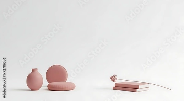 Fototapeta Soft Pink Tableware Still Life with Books and Flower on White Background: Elegant and Minimalist Design