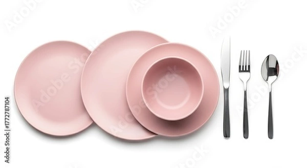 Fototapeta Sophisticated Dusty Rose Tableware: Plates, Bowl, Silverware Arrangement on White, Flat Lay, Elegant Dining Set, Contemporary Table Setting, Minimalist Style, Culinary Presentation