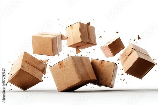 Fototapeta Multiple brown cardboard boxes flying and breaking apart in mid-air on white background. Studio photo with dynamic motion effect. Packaging, shipping, and logistics concept. Design for banner, poster