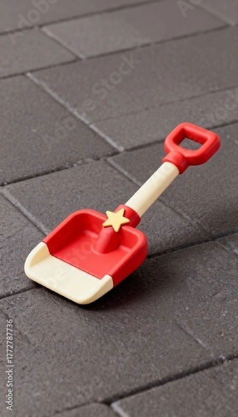 Obraz Cute snow shovel 3D toy with star sticker minimal design red cream color tone isolated concept